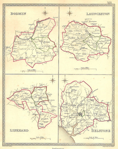 Bodmin Launceston Liskeard Helstone Cornwall antique map 1835