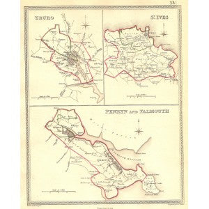 Truro St. Ives Penryn Falmouth Cornwall antique map published 1835