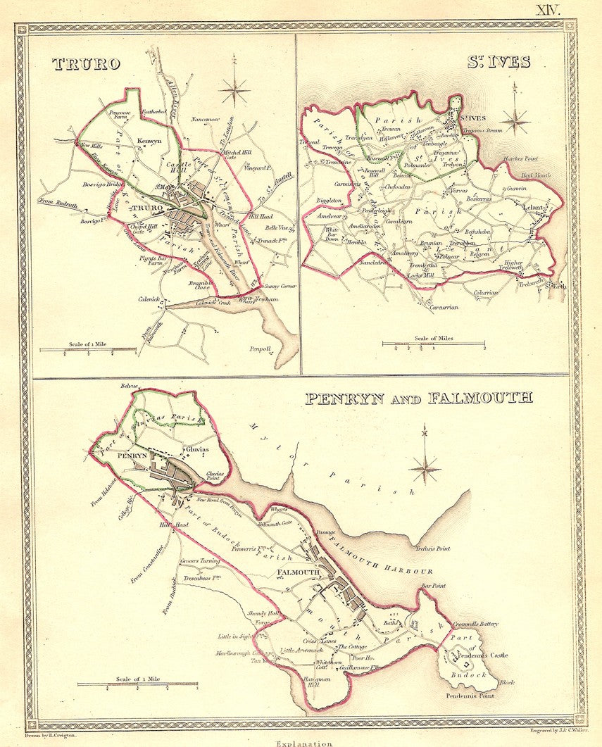 Truro St. Ives Penryn Falmouth Cornwall antique map published 1835