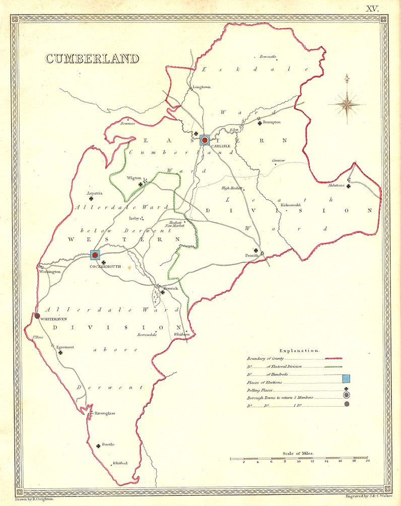 Cumberland parliamentary boundaries antique map published 1835