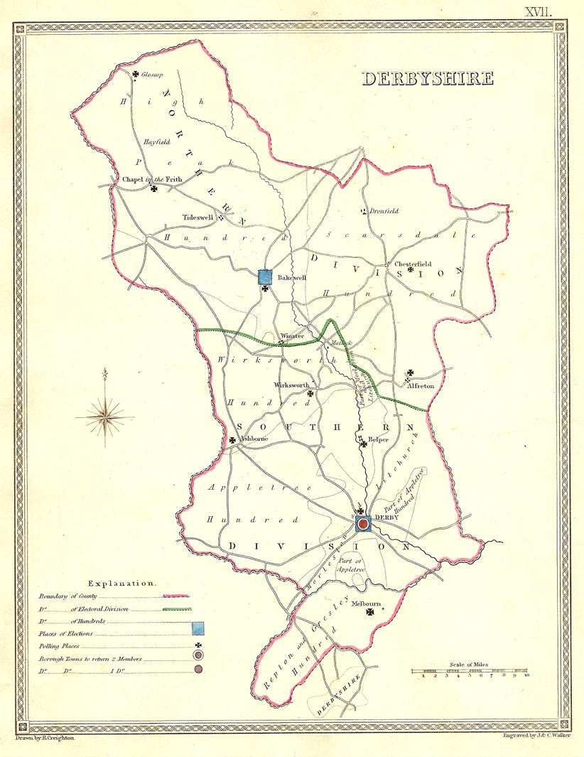 Derbyshire parliamentary boundaries antique map published 1835