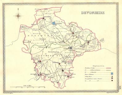 Devonshire parliamentary boundaries antique map published 1835