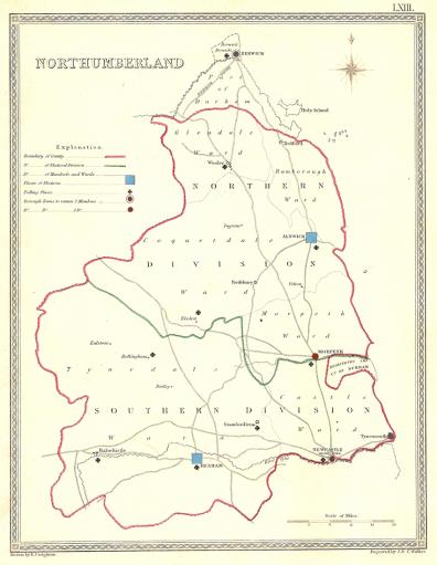 Northumberland parliamentary boundaries antique map published 1835