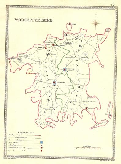 Worcestershire Parliamentary boundaries antique map published 1835