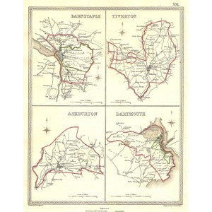 Devon Barnstaple Tiverton Ashburton Dartmouth antique map 1835