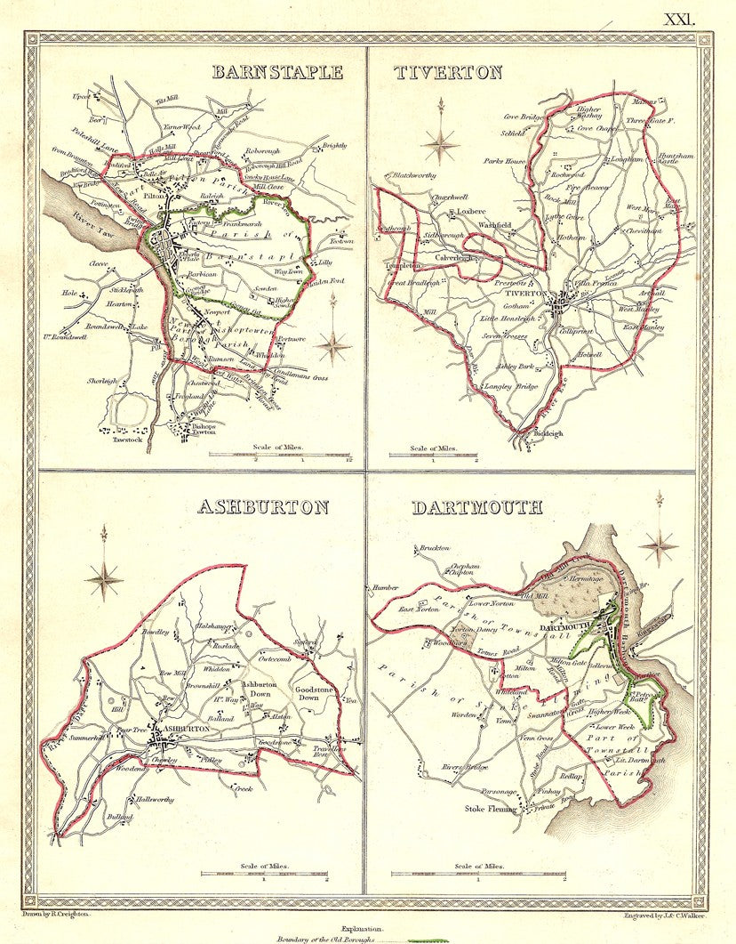 Devon Barnstaple Tiverton Ashburton Dartmouth antique map 1835