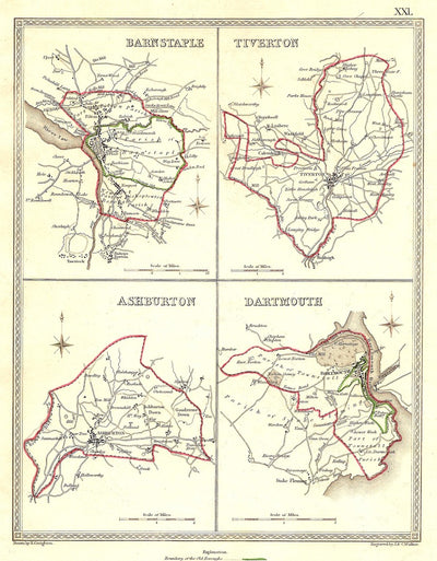 Devon Barnstaple Tiverton Ashburton Dartmouth antique map 1835