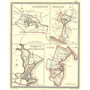 Dorchester Bridport Weymouth Melcomb Regis Poole antique map 1835