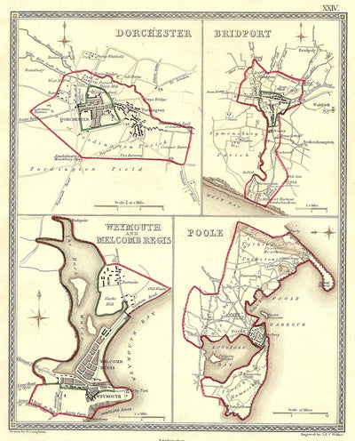 Dorchester Bridport Weymouth Melcomb Regis Poole antique map 1835