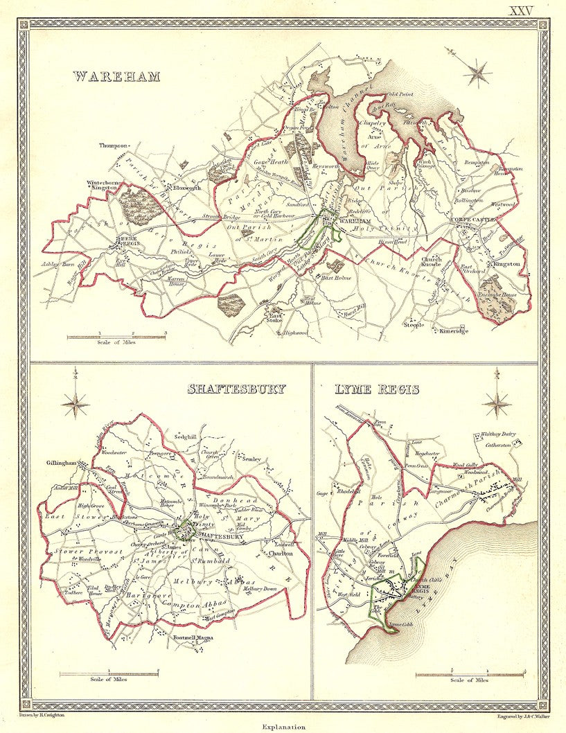 Dorset Wareham Shaftesbury Lyme Regis antique map 1835