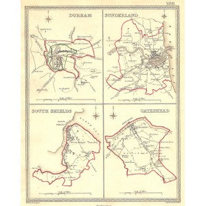 Durham Sunderland South Shields Gateshead antique map 1835
