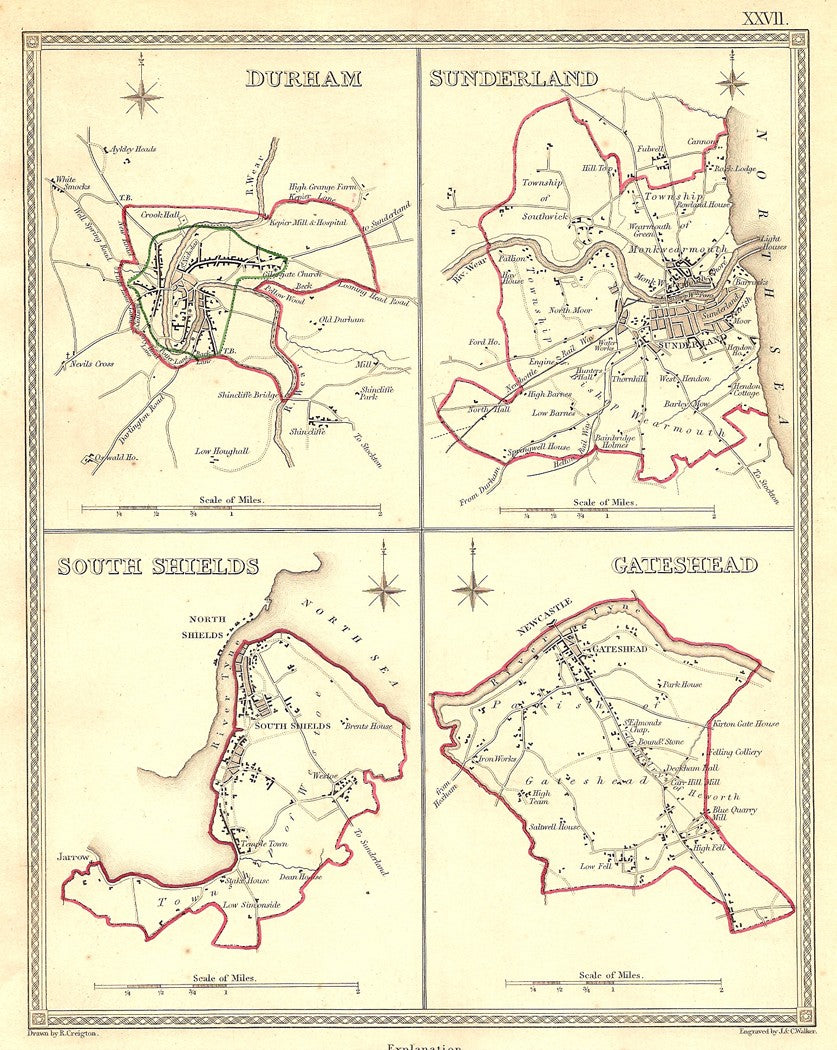 Durham Sunderland South Shields Gateshead antique map 1835