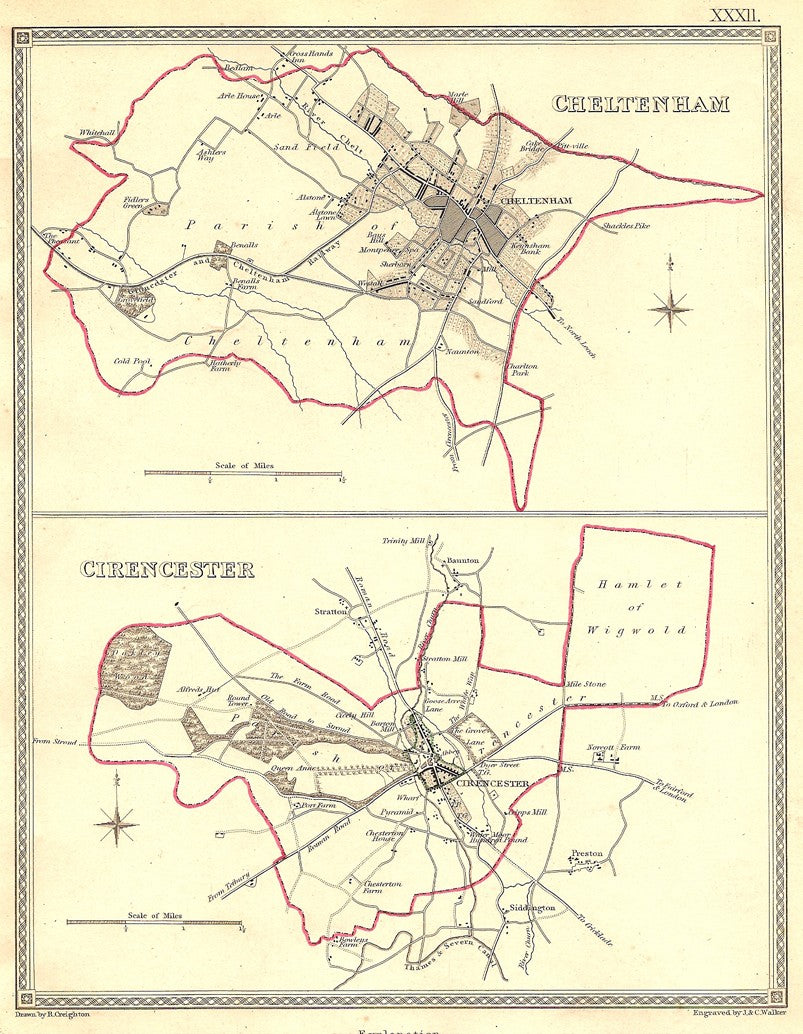 Cheltenham Cirencester Gloucestershire original antique map 1835