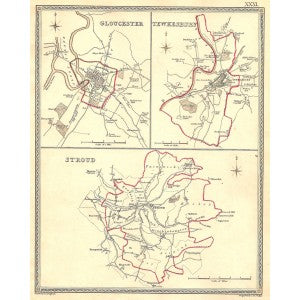 Gloucester Tewkesbury Stroud parliamentary boundaries antique map 1835