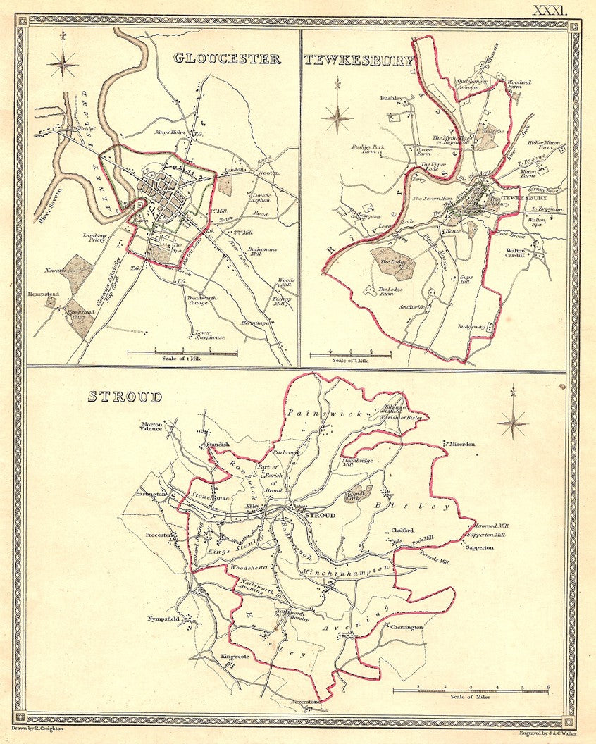 Gloucester Tewkesbury Stroud parliamentary boundaries antique map 1835