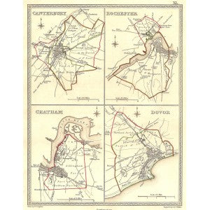 Canterbury Rochester Chatham Dover Kent antique map 1835