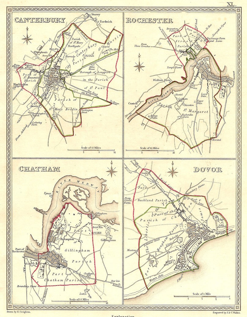 Canterbury Rochester Chatham Dover Kent antique map 1835