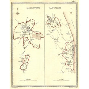 Maidstone Sandwich Kent parliamentary boundaries antique map 1835