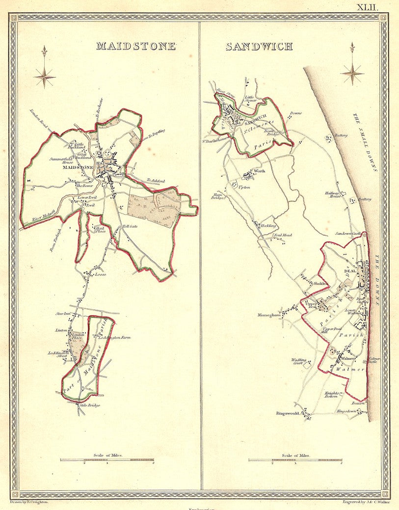 Maidstone Sandwich Kent parliamentary boundaries antique map 1835