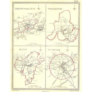 Ashton Under Lyne Warrington Bury Rochdale antique map 1835