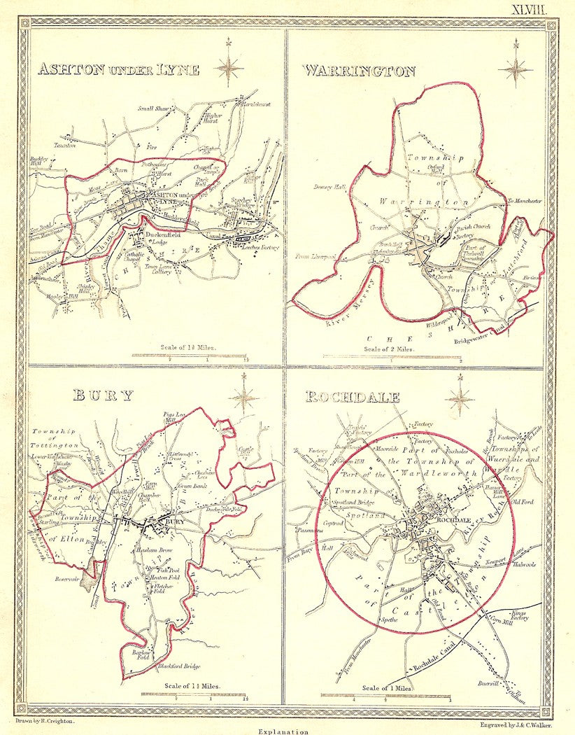 Ashton Under Lyne Warrington Bury Rochdale antique map 1835