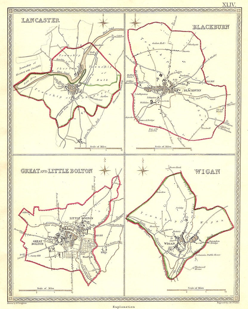 Lancaster Blackburn Bolton Wigan Lancashire antique maps 1835