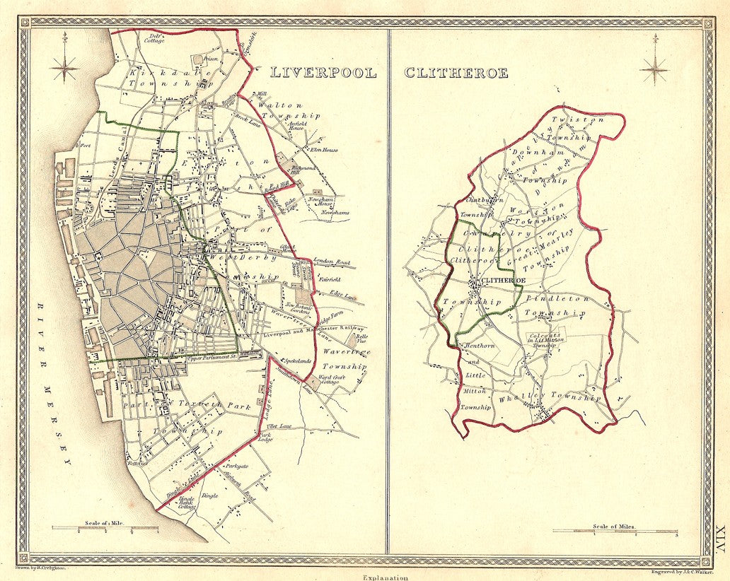 Liverpool Clitheroe Lancashire parliamentary boundaries antique map