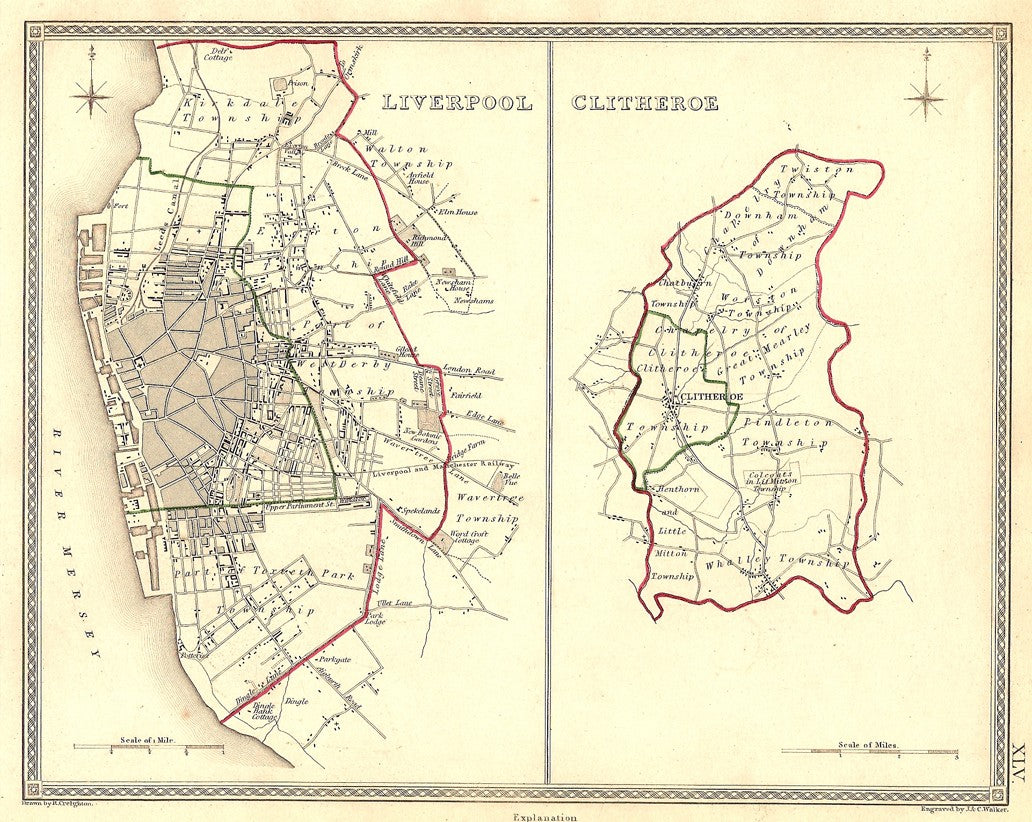 Liverpool Clitheroe Lancashire antique map