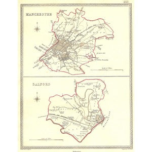 Manchester Salford Lancashire parliamentary boundaries antique map 1835