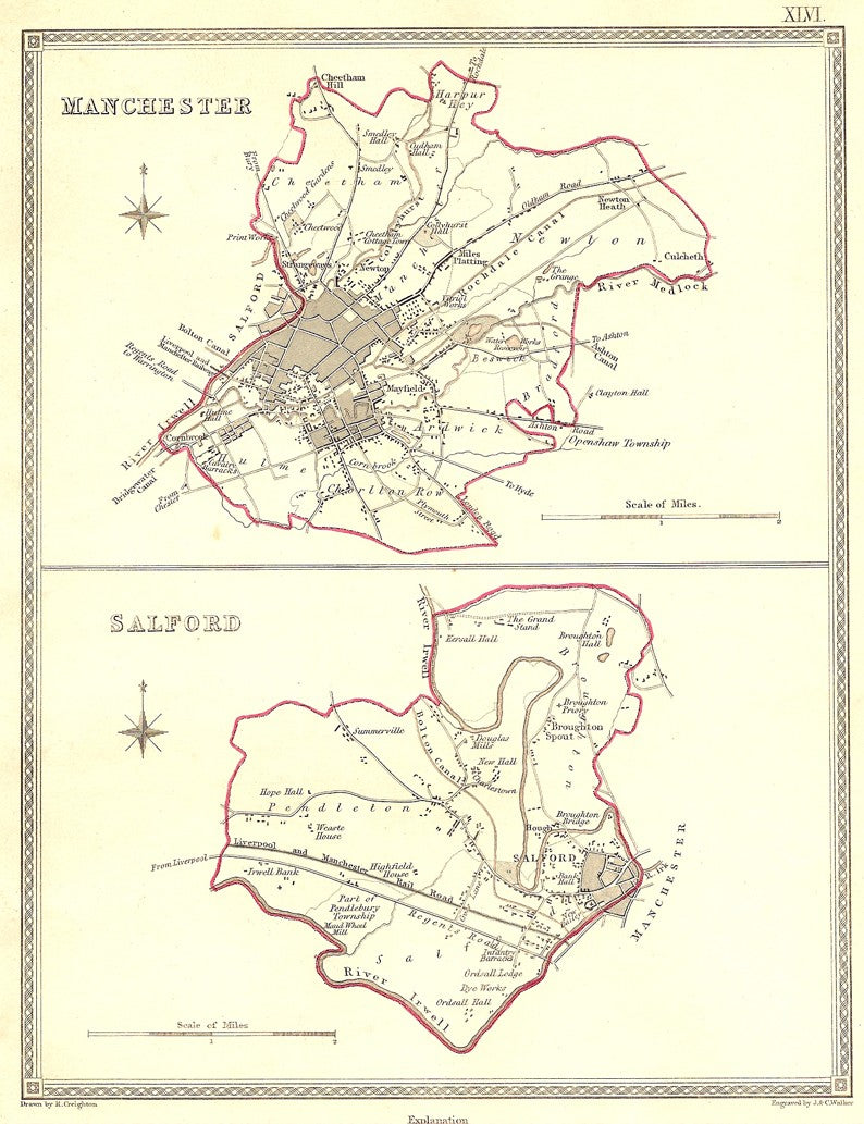 Manchester Salford Lancashire parliamentary boundaries antique map 1835