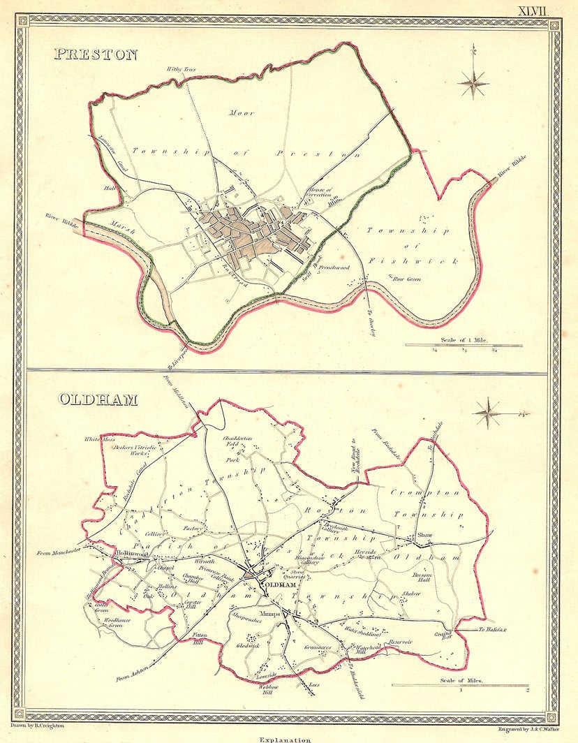 Preston Oldham Lancashire parliamentary boundaries antique maps 1835