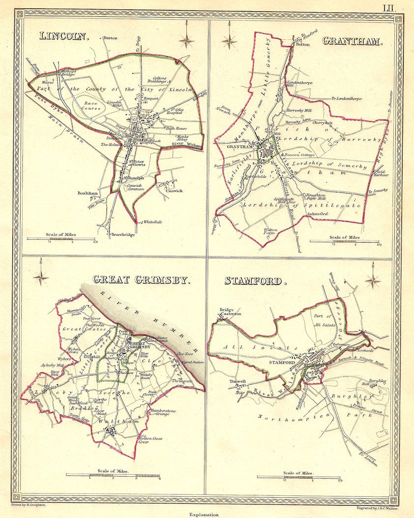Lincoln Grantham Great Grimsby Stamford Lincolnshire antique map 1835