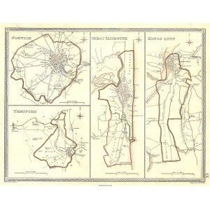 Norwich Great Yarmouth Kings Lynn Thetford Norfolk antique maps 1835