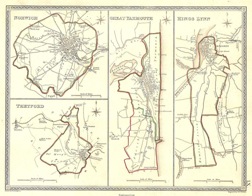 Norwich Great Yarmouth Kings Lynn Thetford Norfolk antique maps 1835