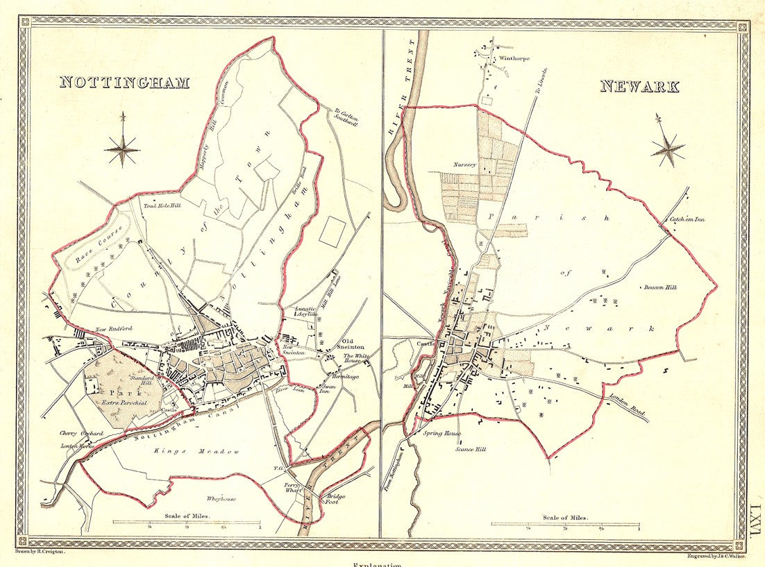 Nottingham Newark parliamentary boundaries antique map 1835