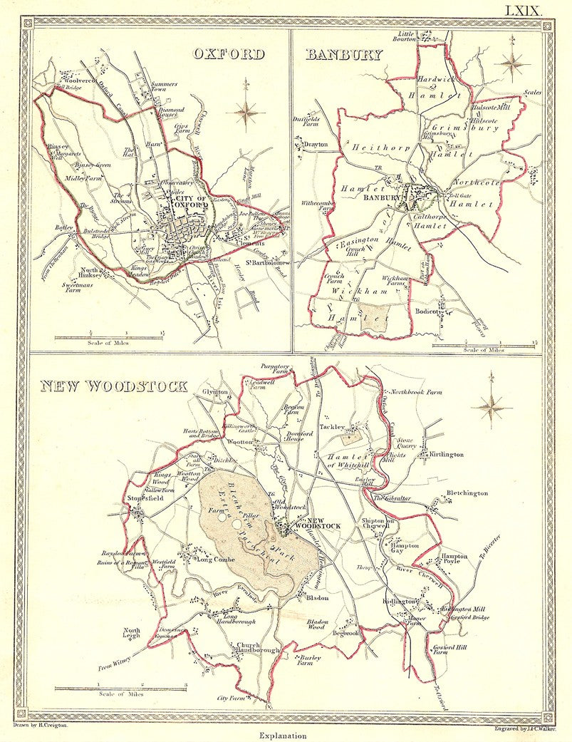 Oxford Banbury New Woodstock parliamentary boundary antique maps 1835