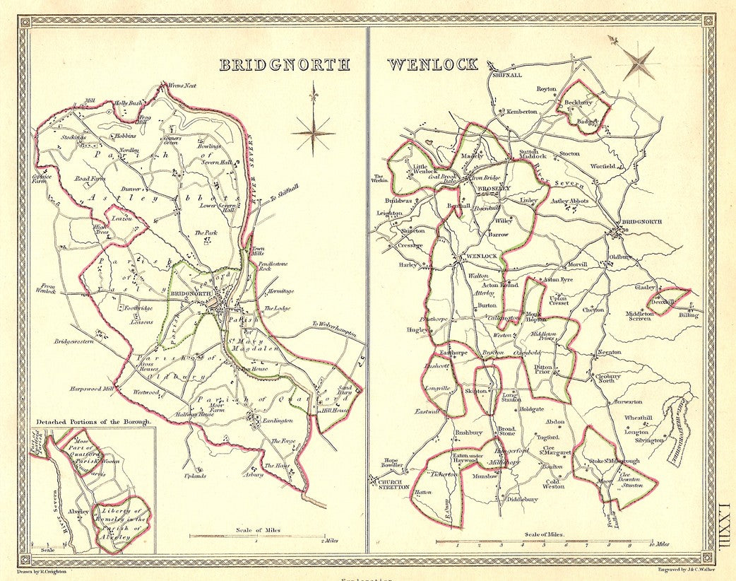 Bridgnorth Wenlock Shropshire parliamentary boundaries antique map