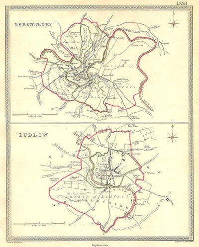 Shrewsbury Ludlow Shropshire parliamentary boundaries antique map 1835