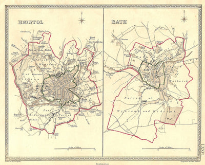 Bristol Gloucestershire Bath Somerset antique map 1835