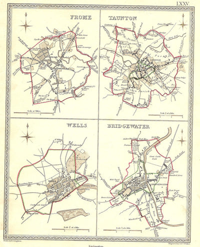 Frome Taunton Wells Bridgewater Somerset antique map 1835