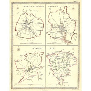 Bury St. Edmunds Ipswich Sudbury  Eye Suffolk antique map 1835