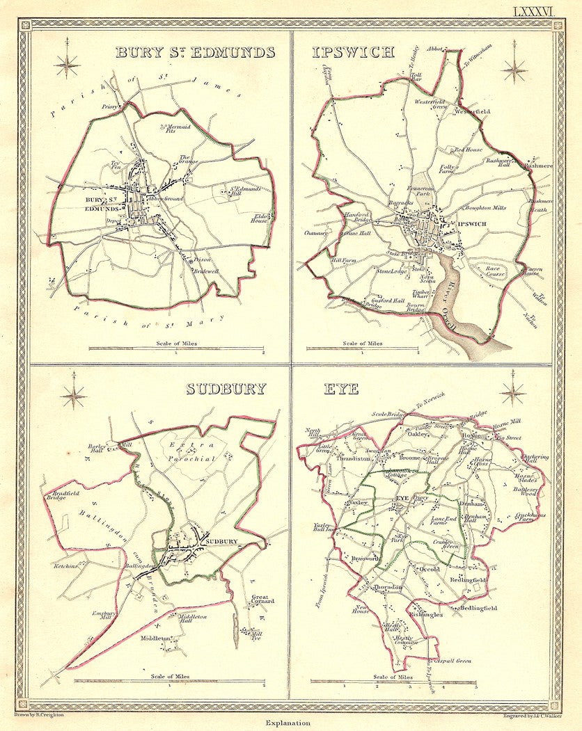 Bury St. Edmunds Ipswich Sudbury  Eye Suffolk antique map 1835