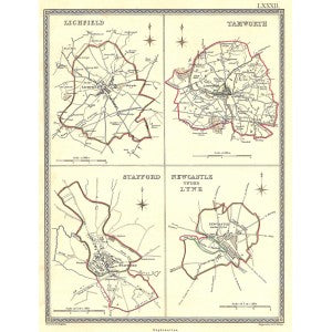 Lichfield Tamworth Stafford  Newcastle under Lyne Staffordshire antique map