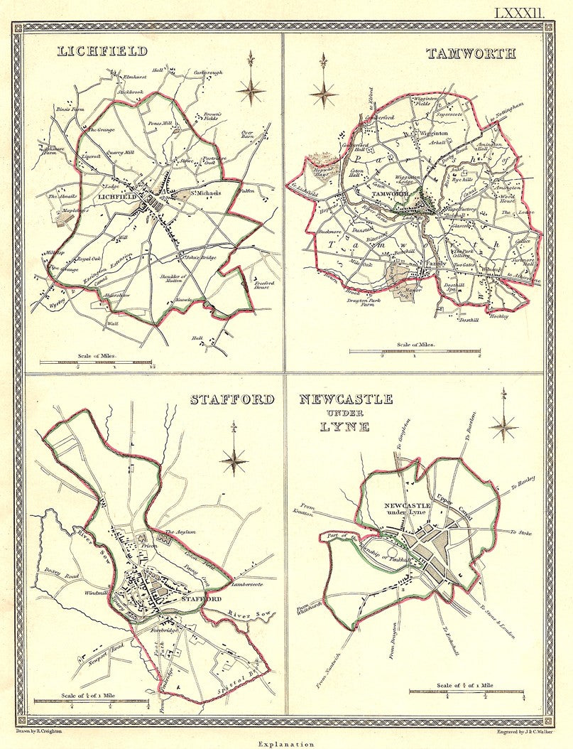 Lichfield Tamworth Stafford  Newcastle under Lyne Staffordshire antique map