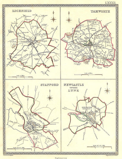 Lichfield Tamworth Stafford  Newcastle under Lyne Staffordshire antique map