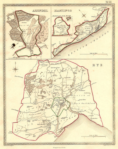 Arundel Hastings Rye antique map published 1835