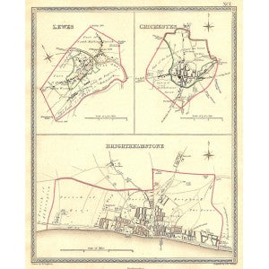 Lewes Chichester Brighthelmstone (Brighton) Sussex antique map 1835