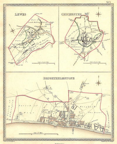 Lewes Chichester Brighthelmstone (Brighton) Sussex antique map 1835