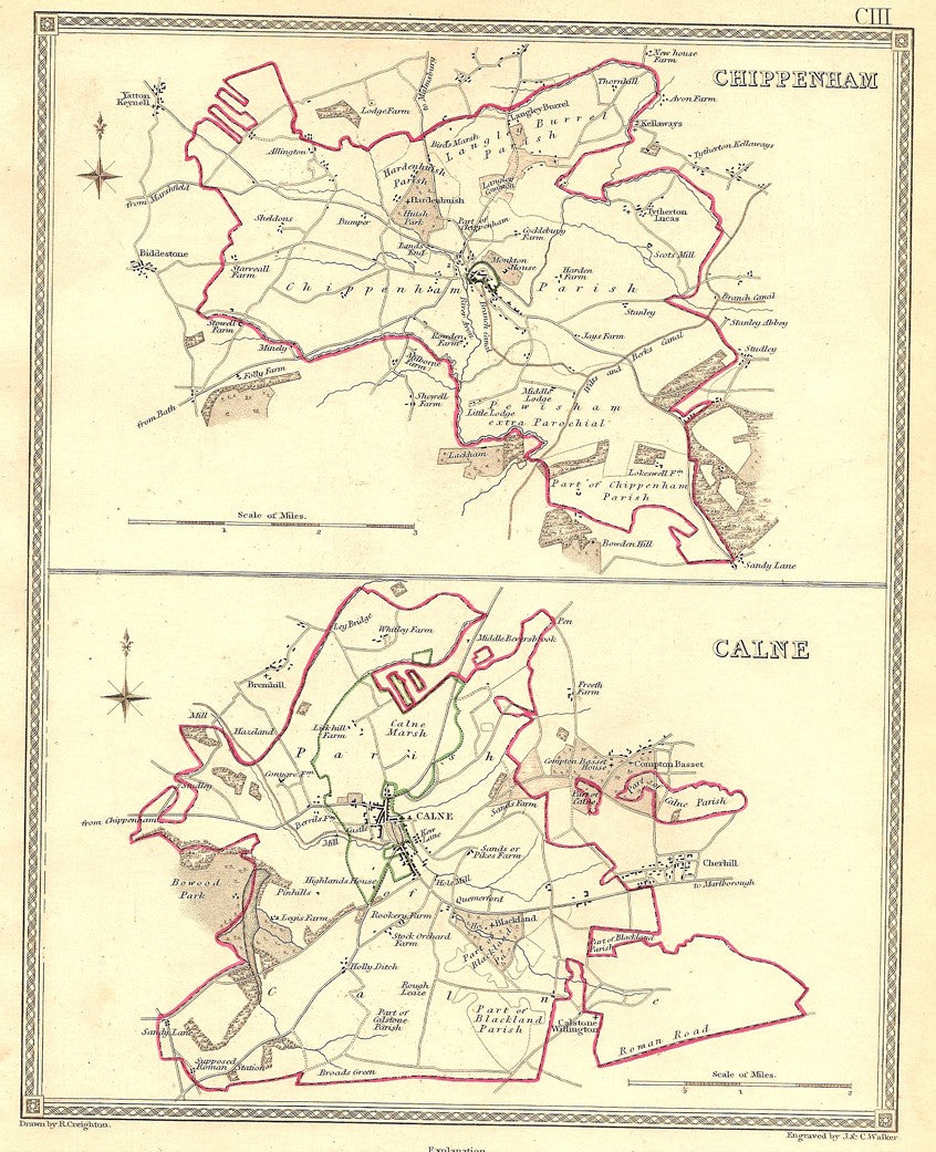Chippenham Calne Wiltshire parliamentary boundaries antique map 1835
