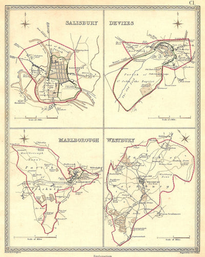 Salisbury Devizes Marlborough Westbury Wiltshire antique map 1835